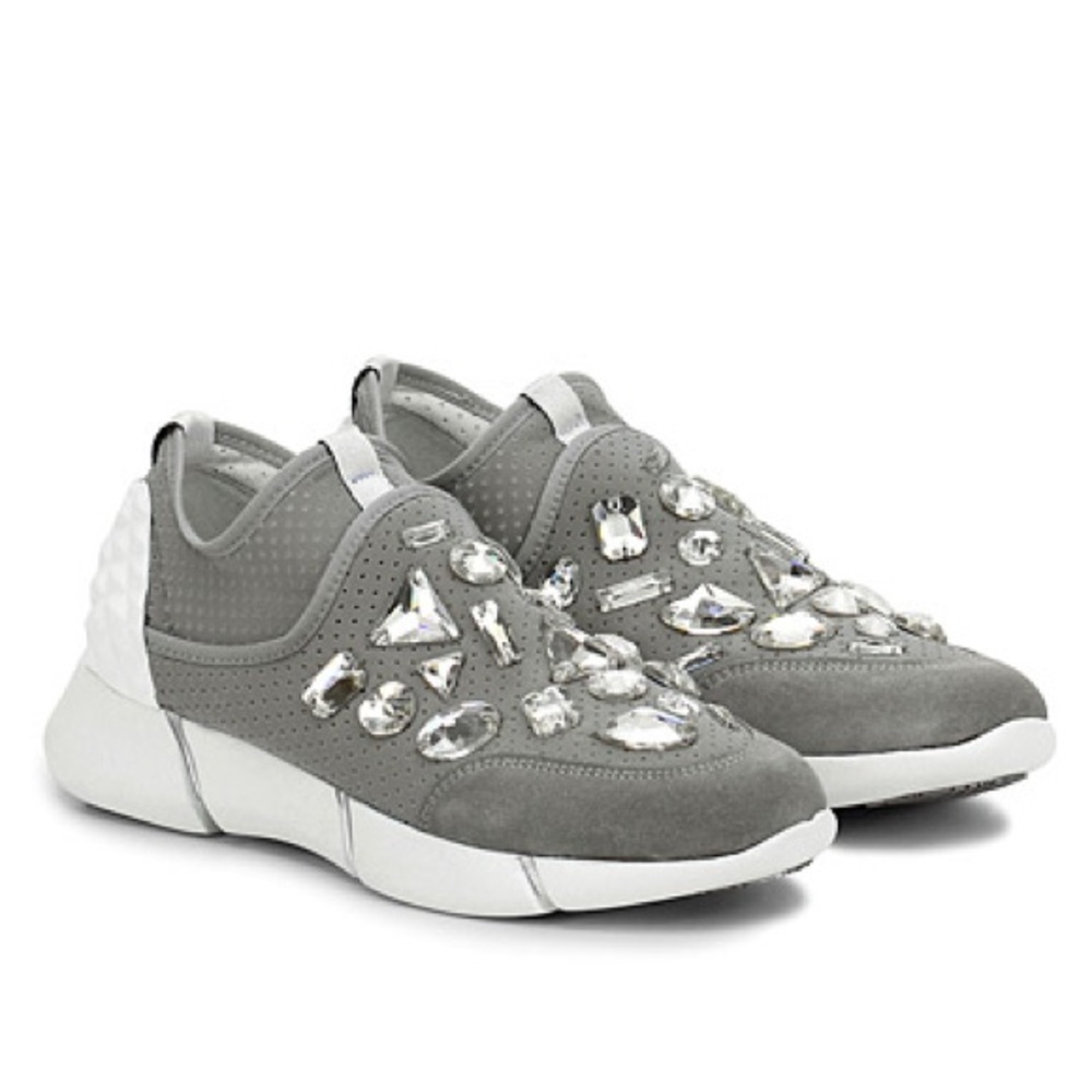 New Elena Iachi Mesh Suede Crystal Rhinestone Sneakers Gray Sz 36